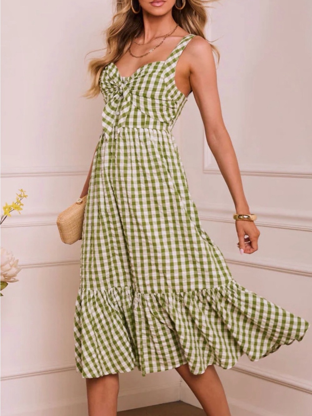 Green Gingham Tie-Front Sundress